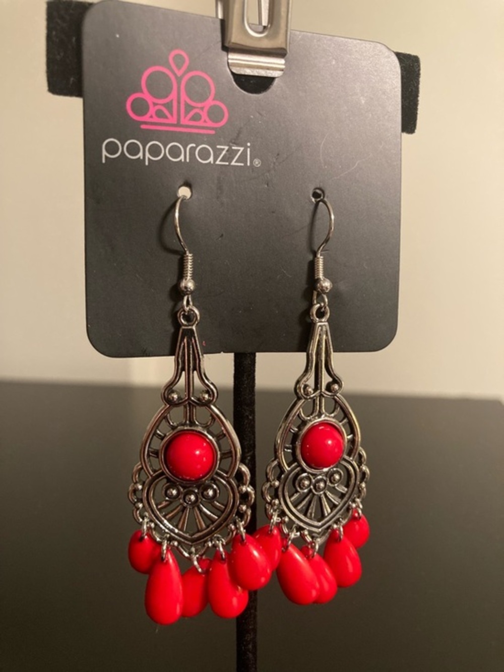 paparazzi Red and Silver Dangle Chandelier Earrings